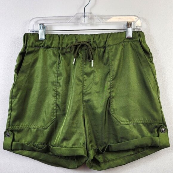 Source Unknown Pants - Olive Green Women's Cargo Shorts Drawstring & Elastic Waistband Pockets, sz MD